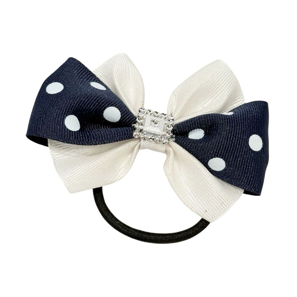 Handmade Navy Blue White Polka Dot Bow Ponytail Holder Elastic Hair Tie - Picture 2 of 7